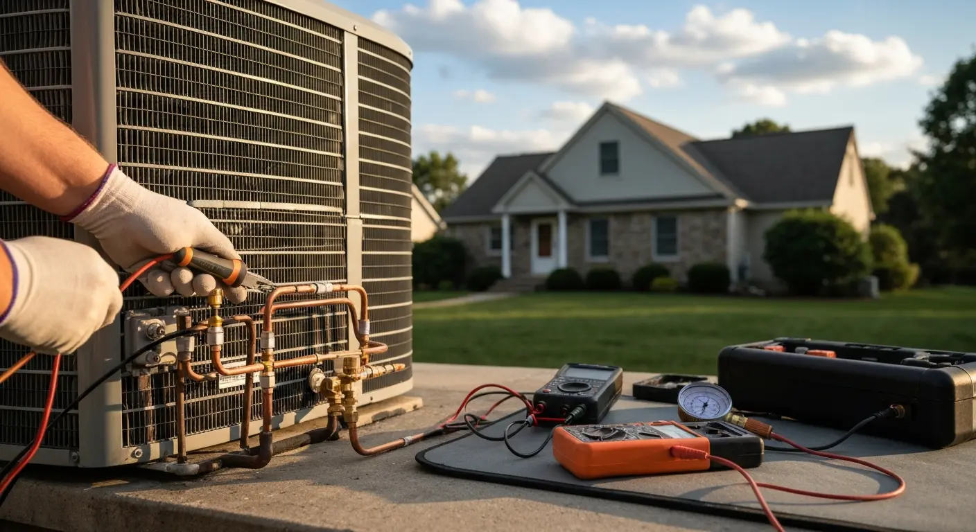 HVAC technician performing maintenance on outdoor AC unit