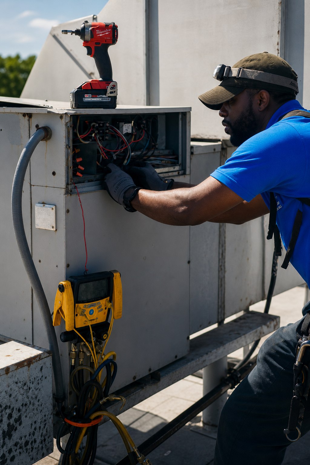 Direct Improvements CEO Thornell Hunter Jr. servicing a rooftop HVAC unit in Chicago