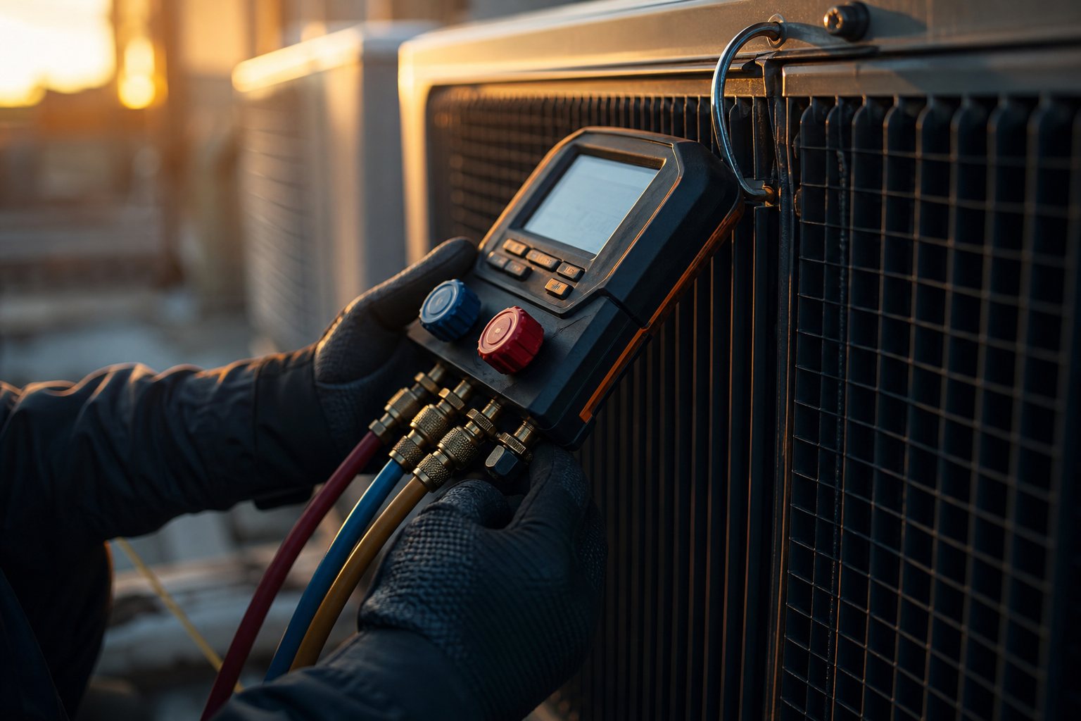 Technician's gloved hands using manifold gauges on an outdoor AC condenser at golden hour