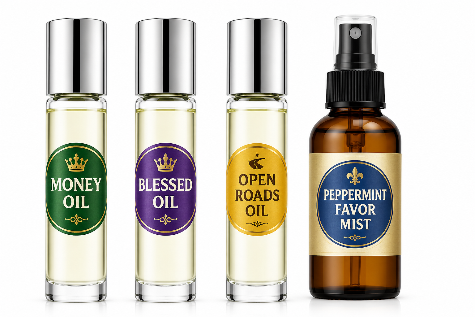 Favor and Fortune Spiritual Collection, four ritual oil bottles