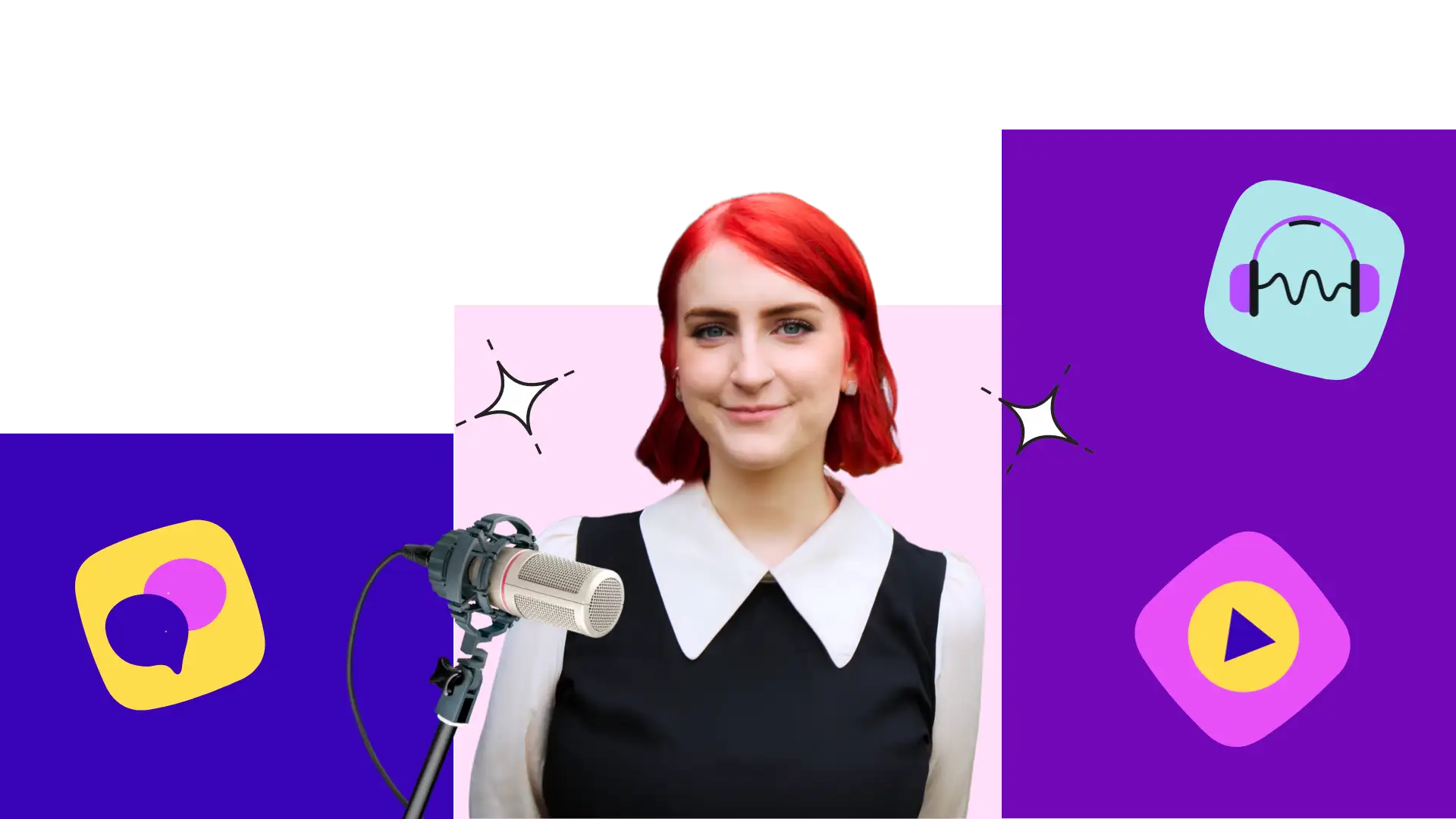 Jane Hargrave with bright red hair, speaking into a microphone, surrounded by colorful podcast icons on a split pink and purple background