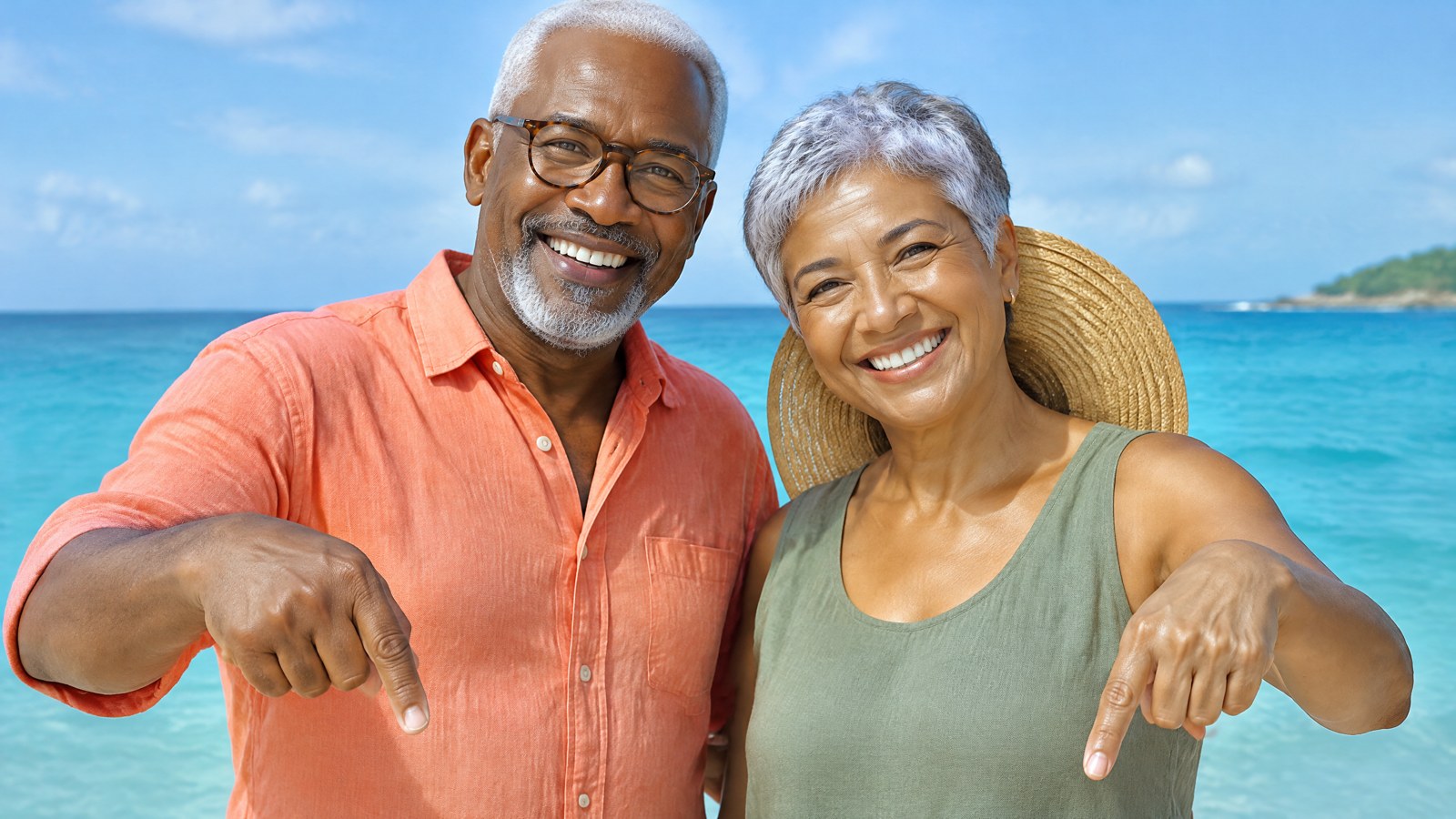 A smiling couple on a tropical beach pointing down at the page