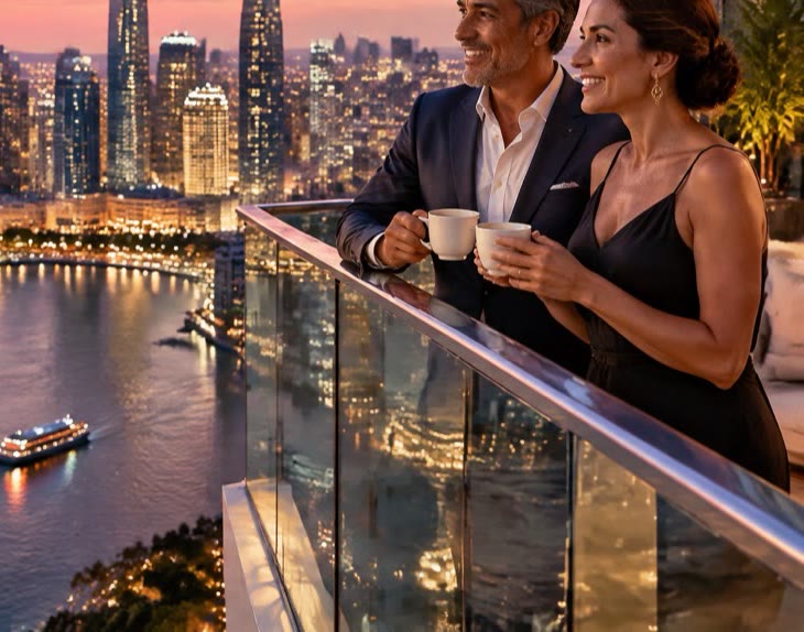 A couple on a hotel balcony above a city at dusk