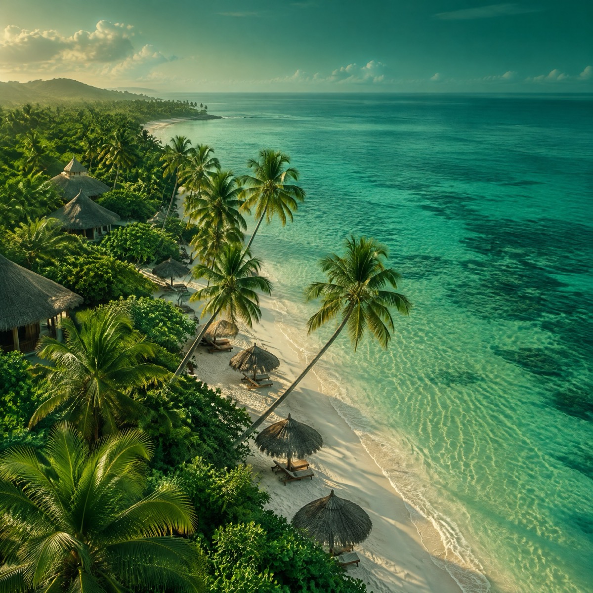 Palm trees along a turquoise tropical shoreline