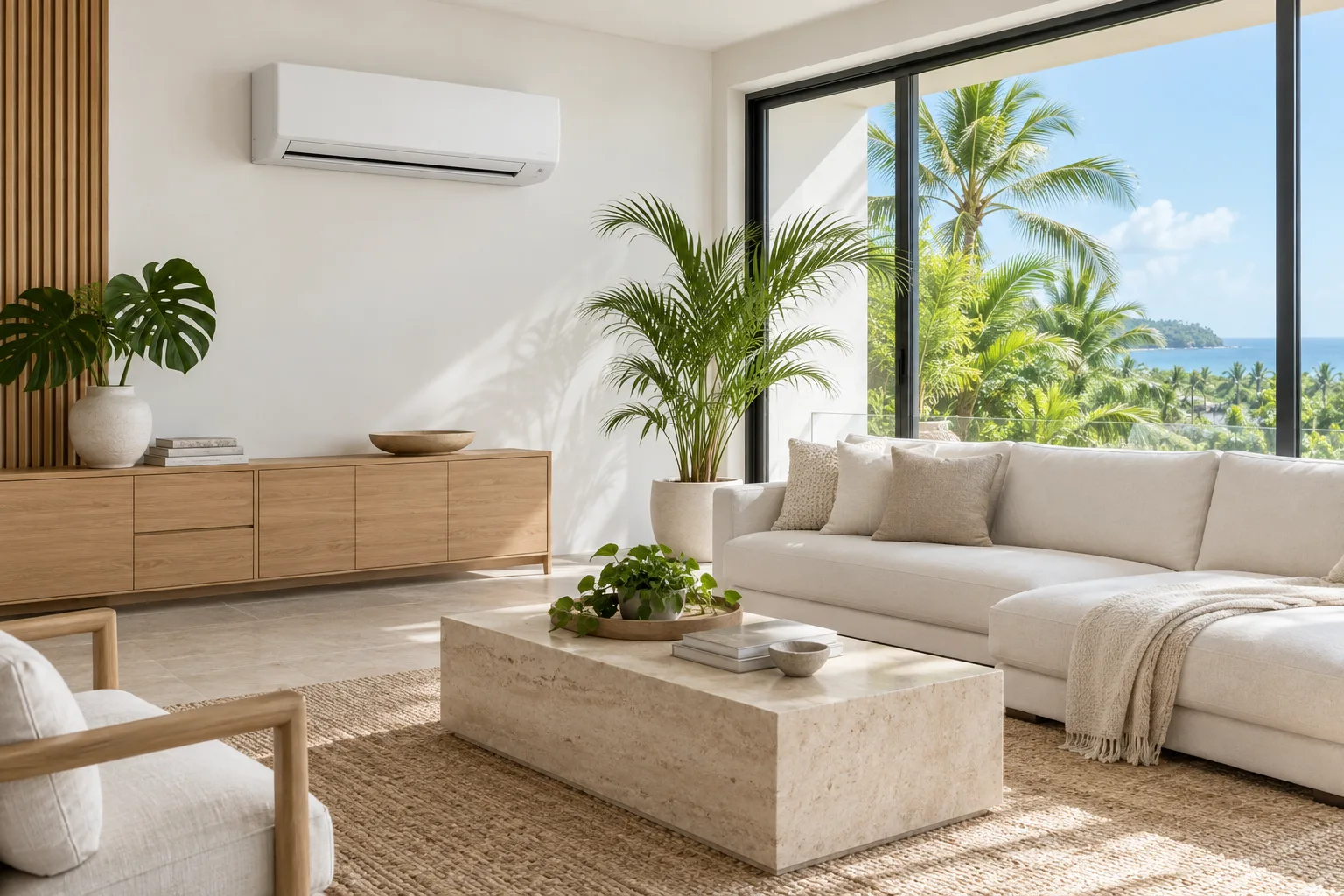 Concept image of a mini split in a bright tropical-inspired living room; not an Aires Inverters project.