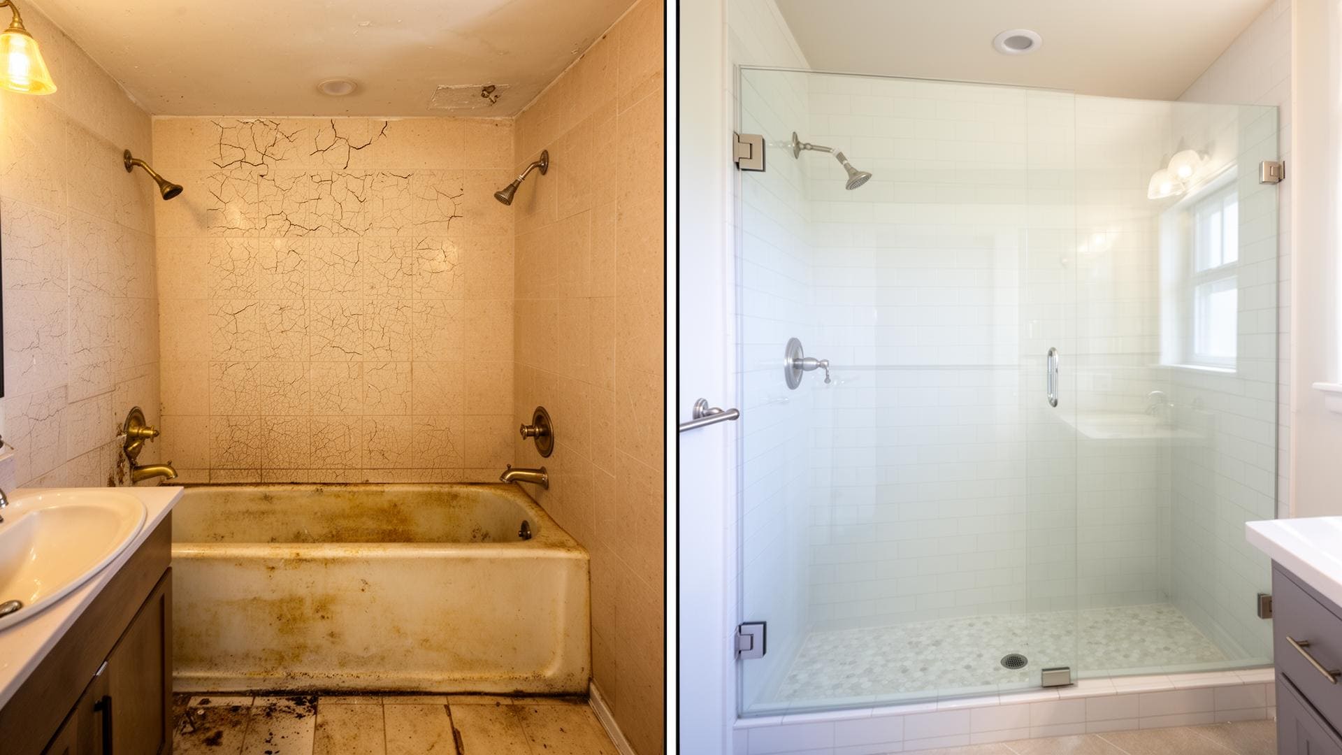 Before and after 1-day bathroom remodel by HomeVeal Northeast Ohio
