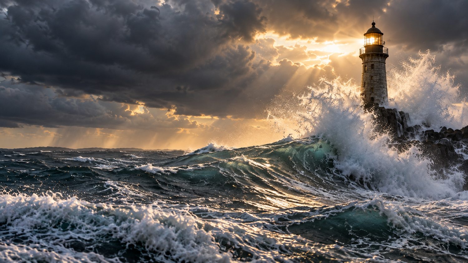 Une immense vague frappe les rochers au pied d’un phare éclairé sous un ciel de tempête