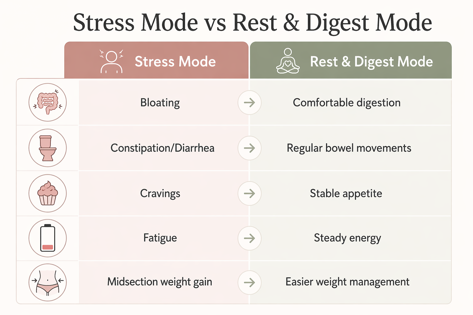 Diagram comparing stress mode and rest and digest mode and their impact on bloating, digestion, and energy in perimenopause