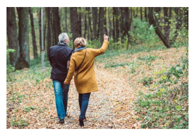 Middle-aged couple walking together along a peaceful forest trail, supporting healthy movement, stress reduction, and wellbeing during midlife