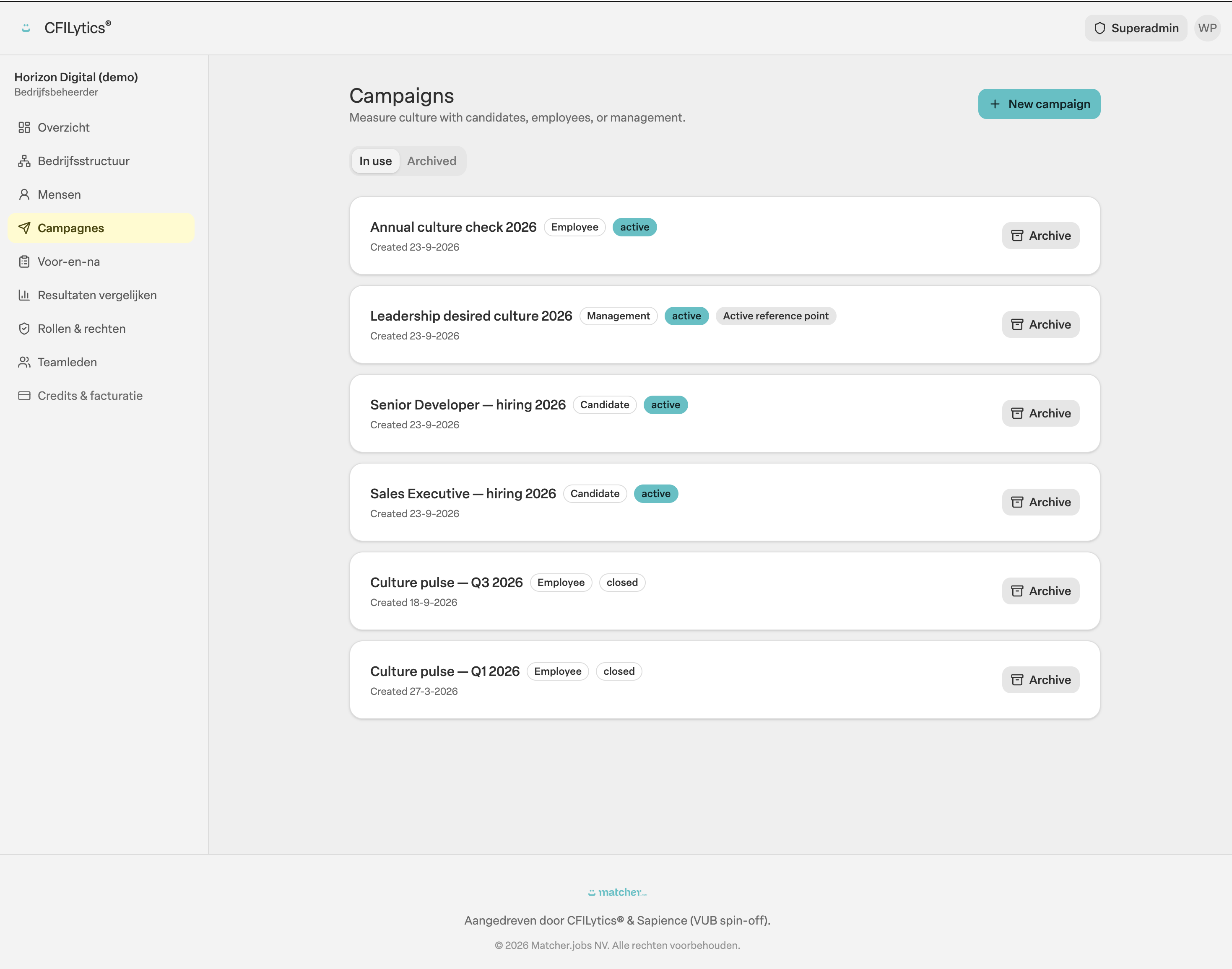 CFILytics campaigns overview with employee, management and candidate campaigns