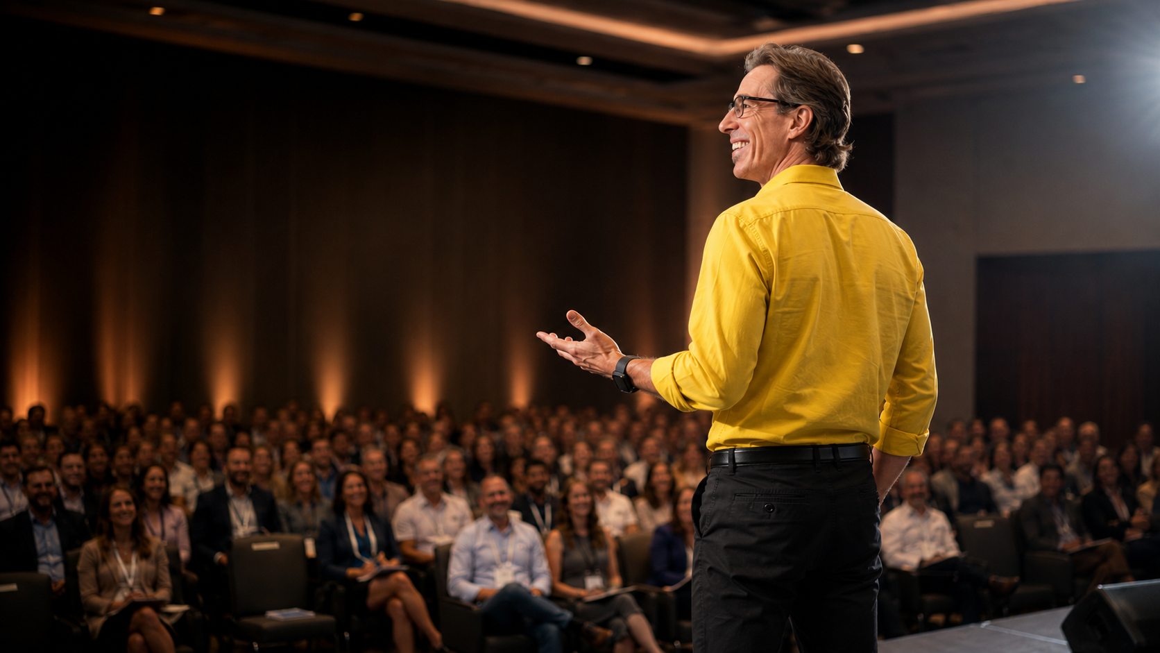 John Clendenning on stage speaking to cleaning business owners