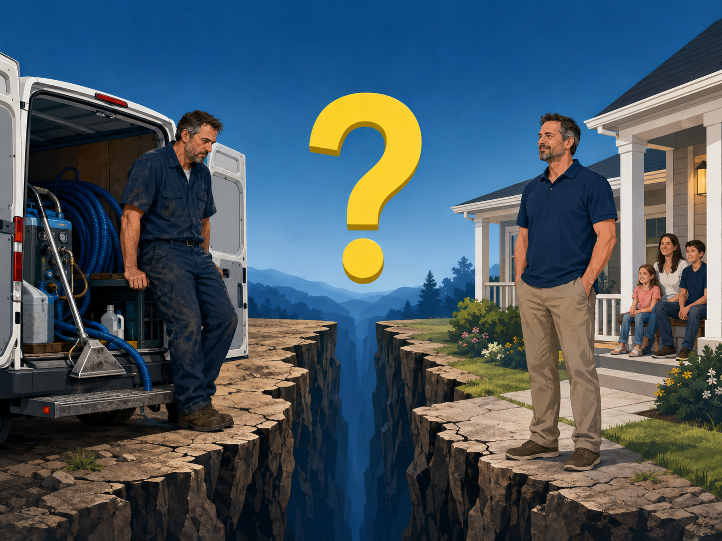 A cleaning operator at his van looking across a chasm at his business-owner future with his family — owner-operator mechanics vs business-owner outcome