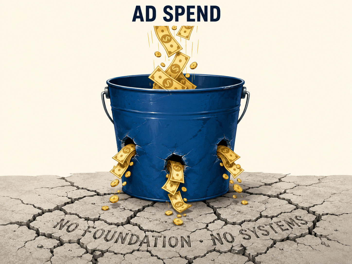 Ad spend pouring into a leaky bucket that has no foundation and no systems — money draining out the holes onto cracked ground