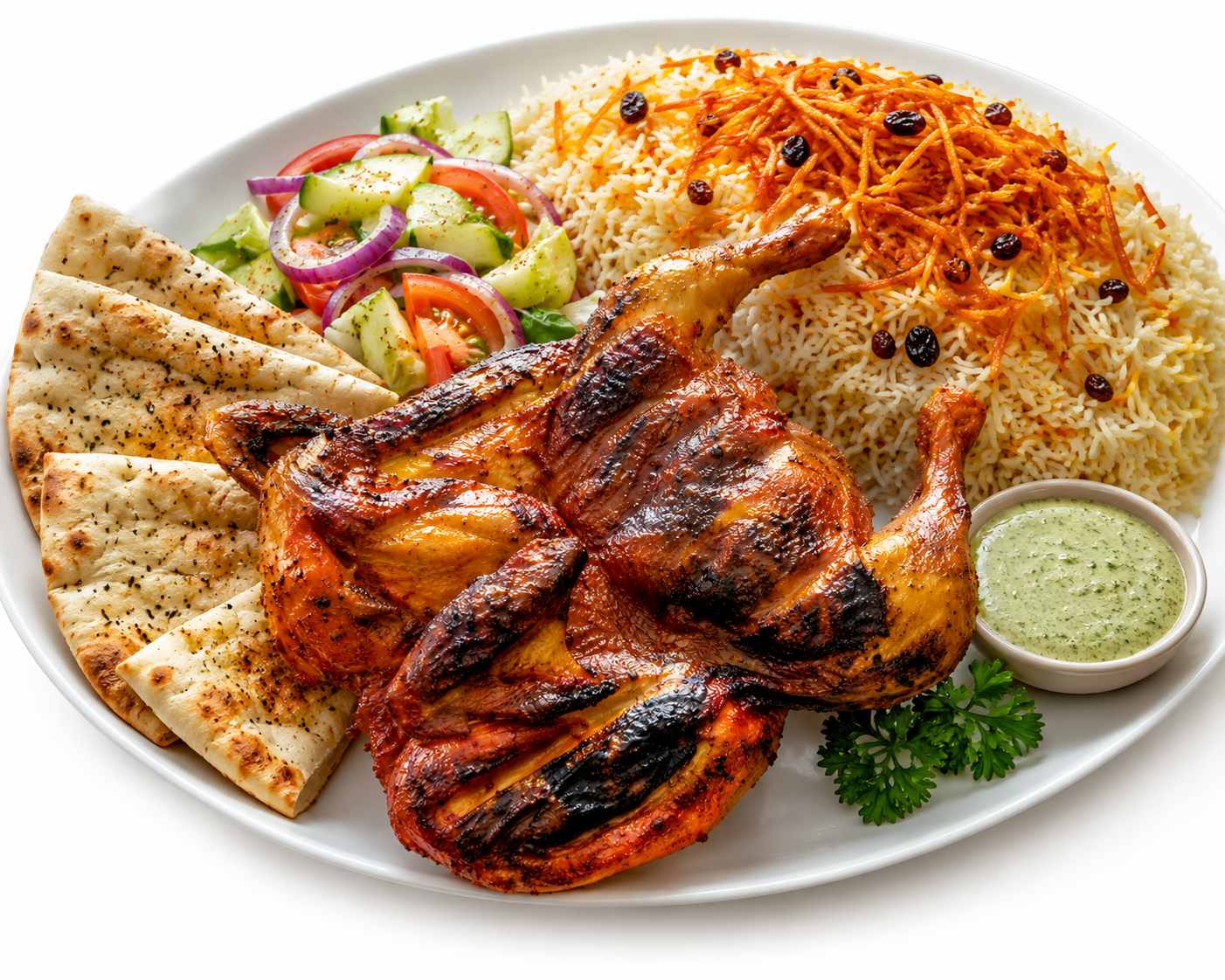 Whole charcoal-grilled Afghan chicken, slow-cooked over hot coals