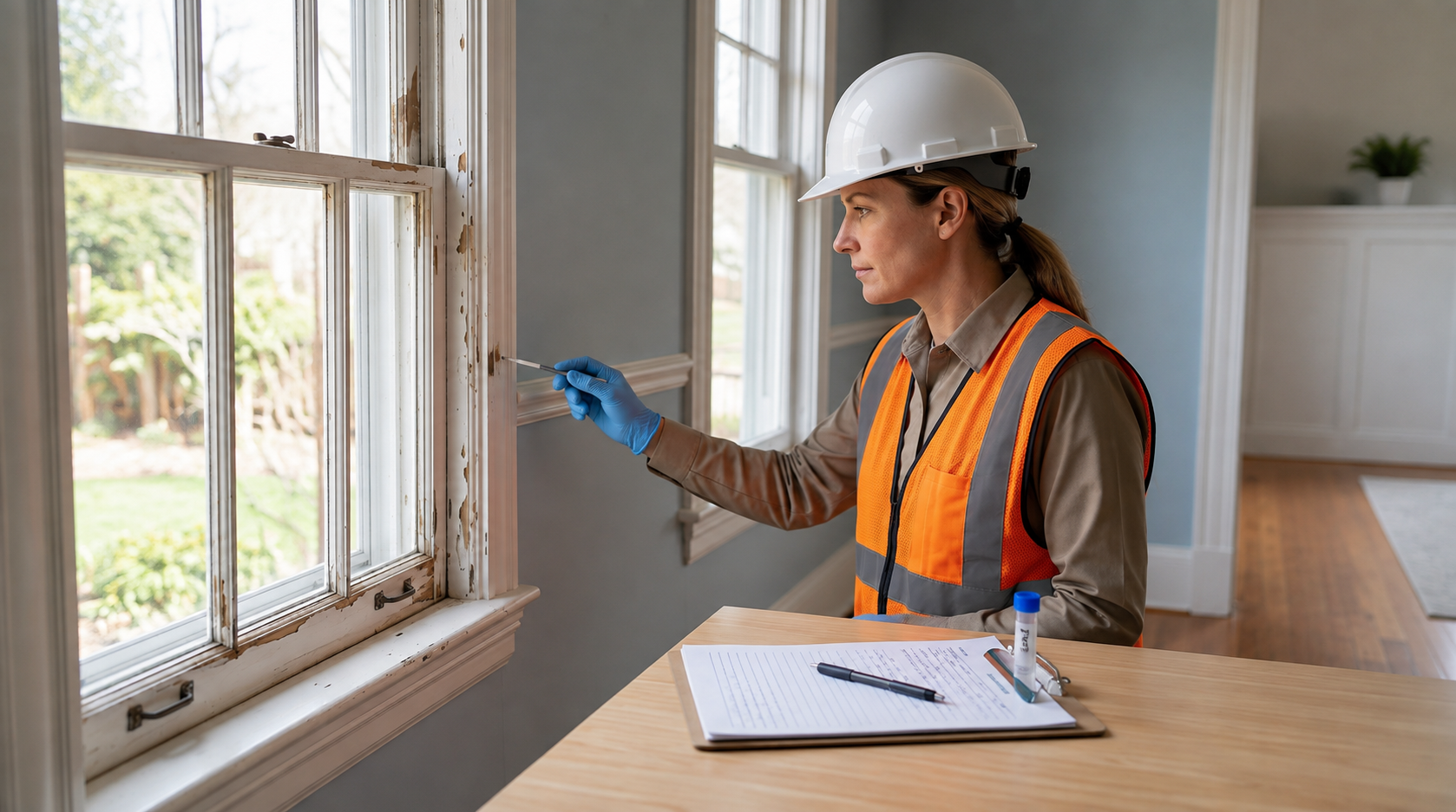 Professional conducting a residential lead inspection check on walls