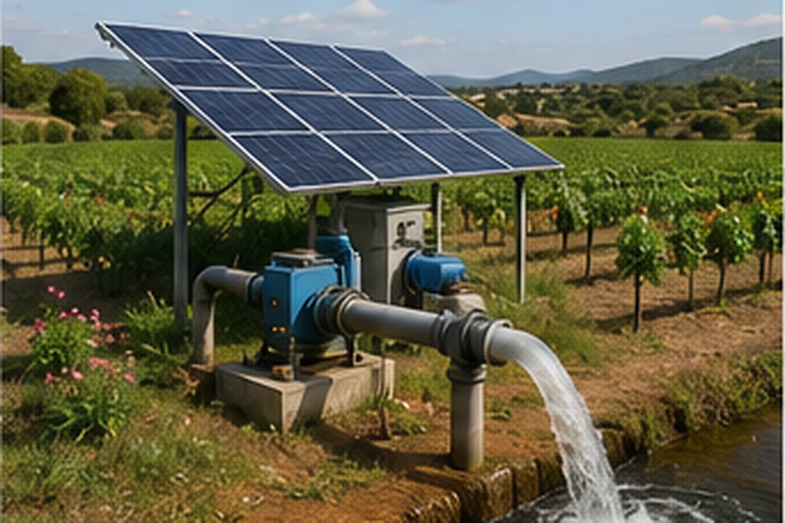 Impianto fotovoltaico off-grid utilizzato per irrigazione agricola in Sardegna.
