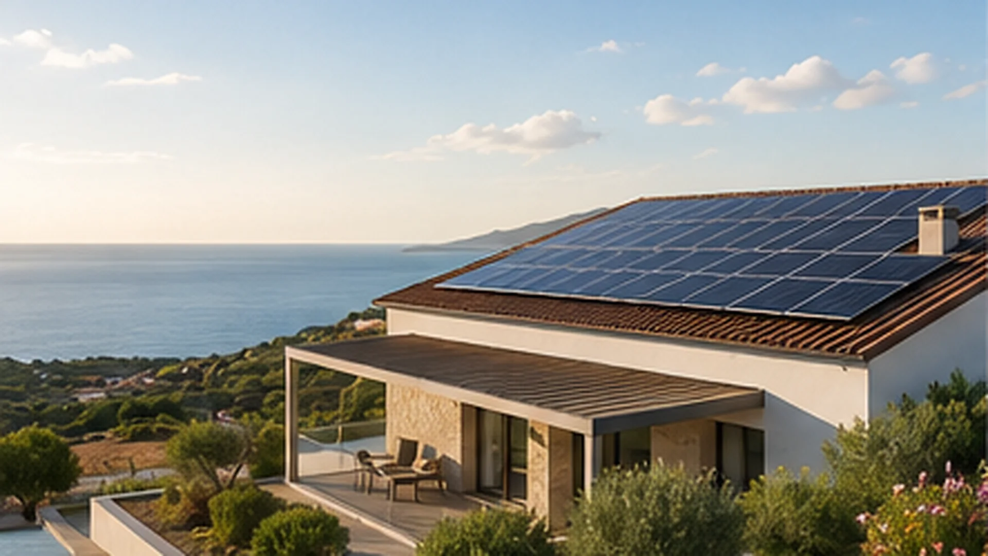 Impianto fotovoltaico su abitazione moderna in Sardegna.