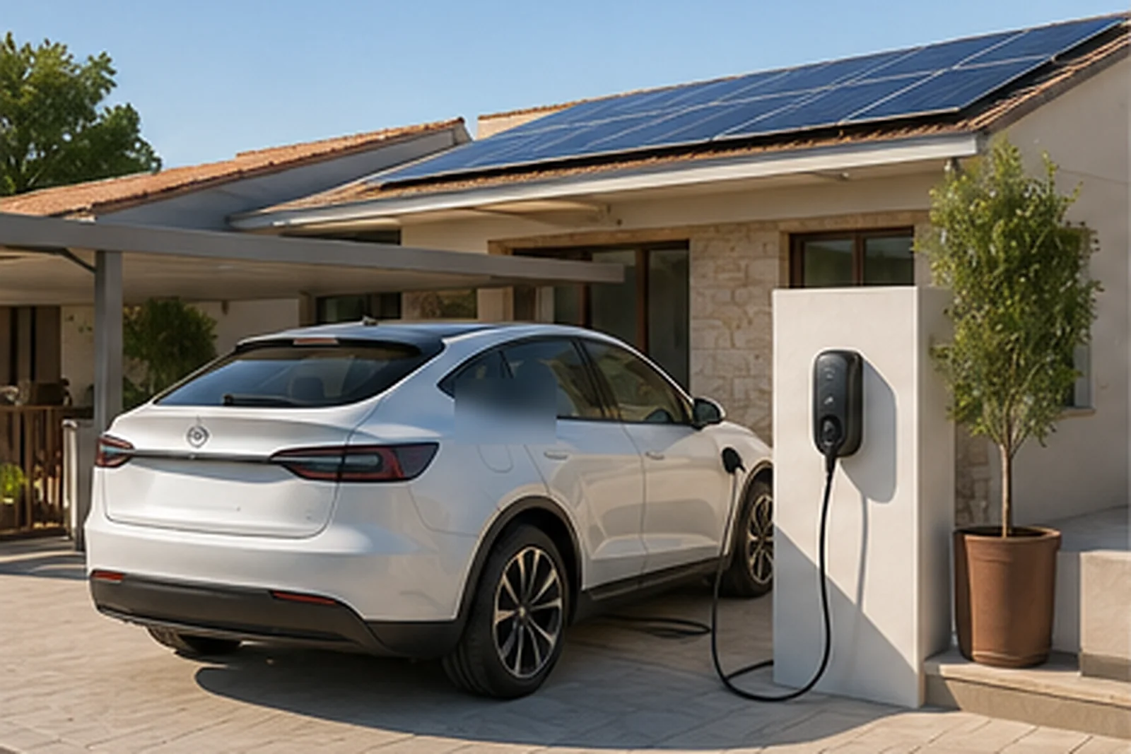 Auto elettrica collegata a una wallbox alimentata dal fotovoltaico.