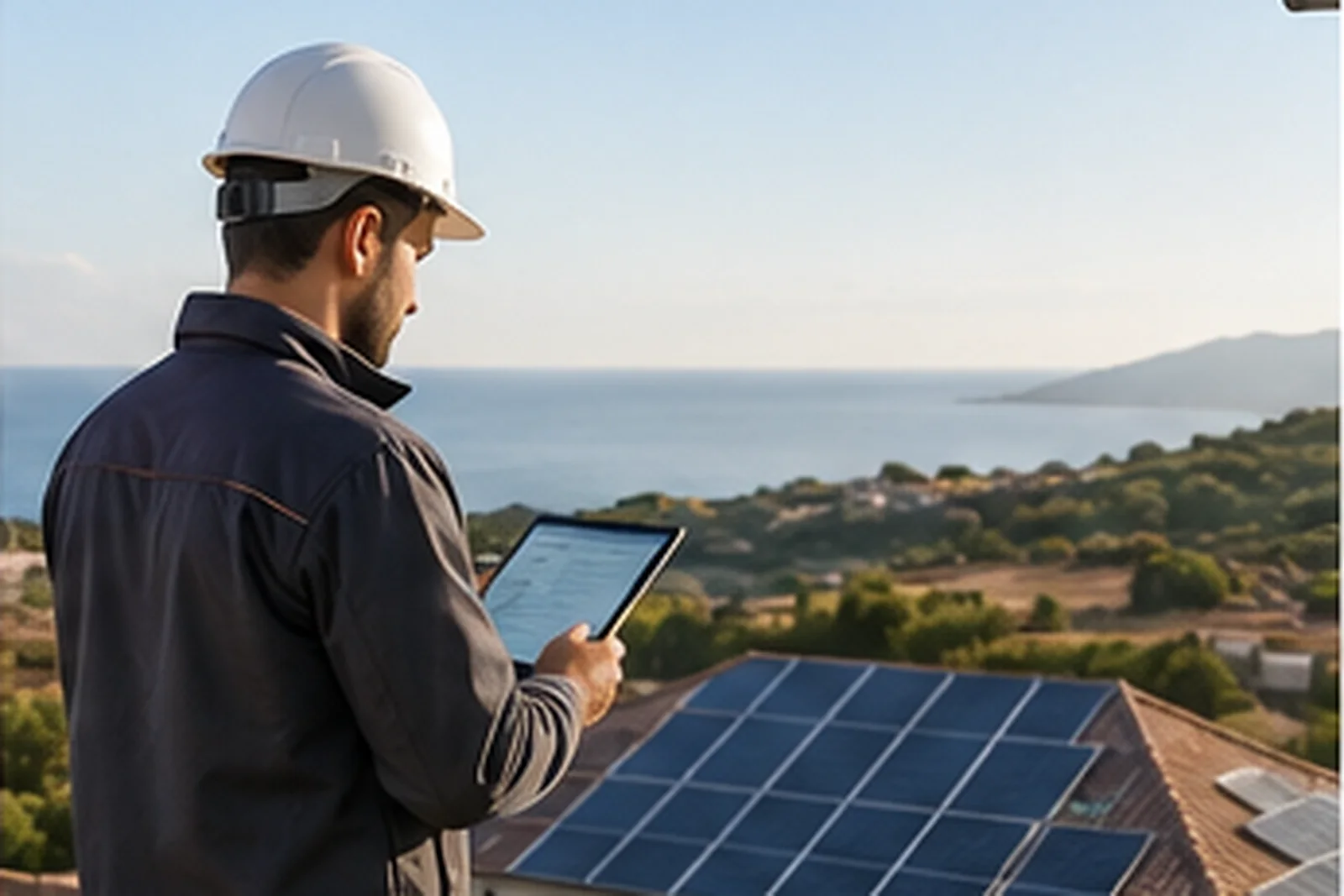 Tecnico durante un sopralluogo per un impianto fotovoltaico.