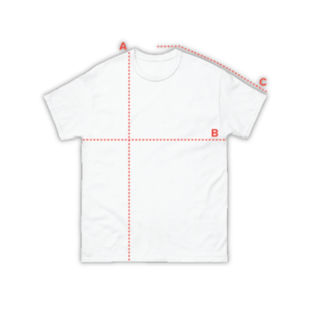 A mockup showing the measurement dimensions for T-Shirts at Cooked Clothing Co.