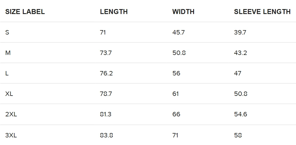 A table listing the dimensions of different sizes in centimeters for T-Shirts at Cooked Clothing Co.