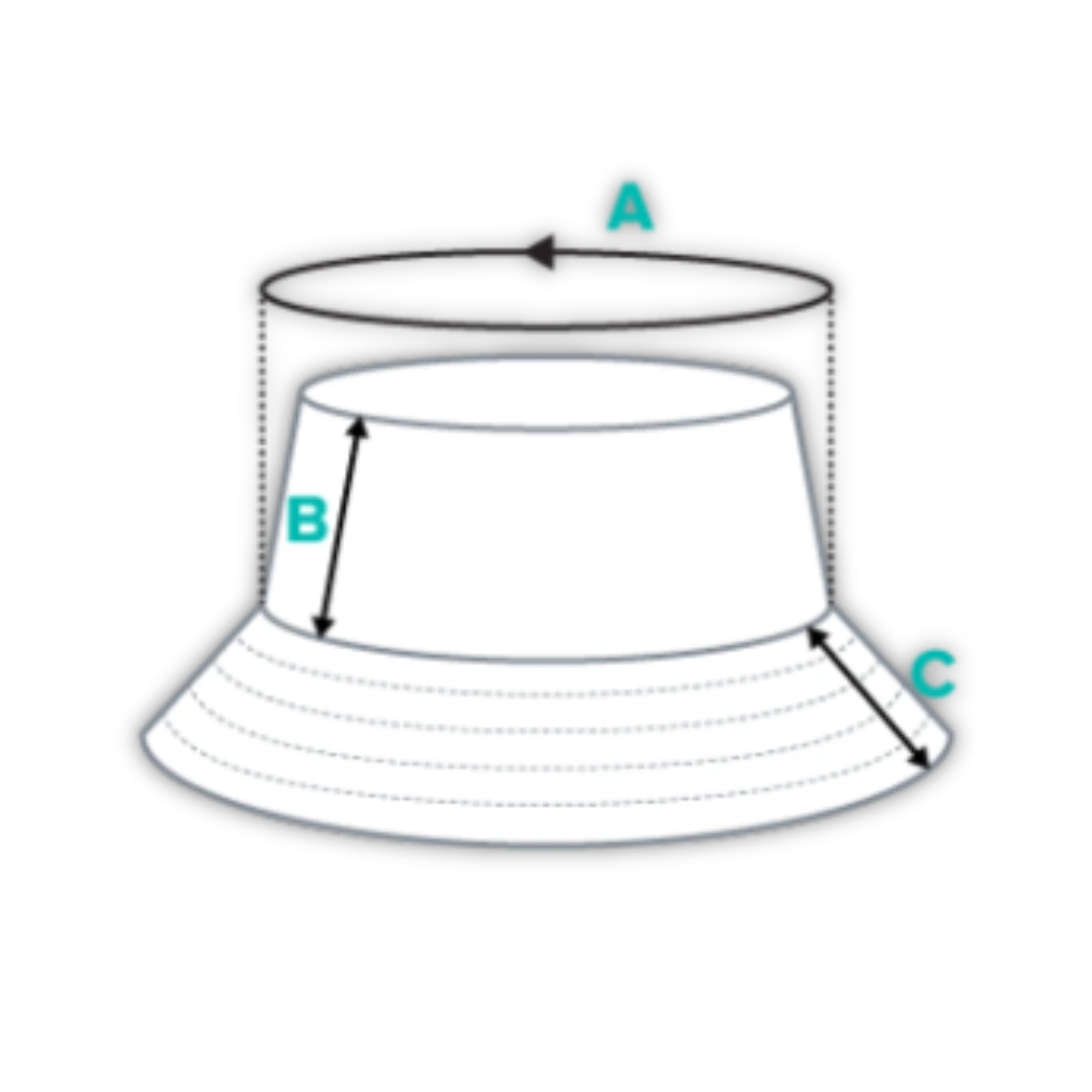 A mockup showing the measurement dimensions for Reversible Bucket Hats at Cooked Clothing Co.