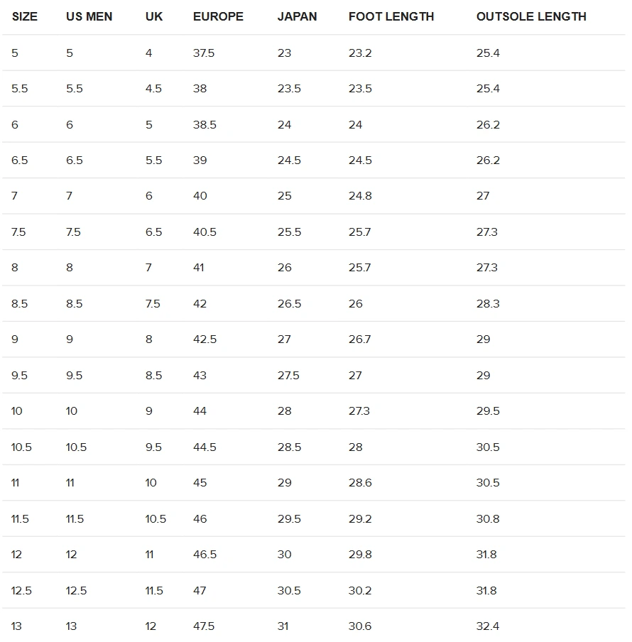 A table listing the dimensions of different sizes in centimeters for lace up canvas shoes at Cooked Clothing Co.