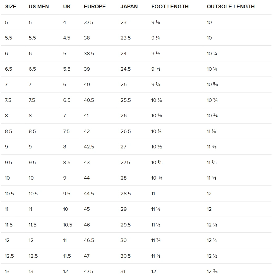 A table listing the dimensions of different sizes in inches for lace up canvas shoes at Cooked Clothing Co.