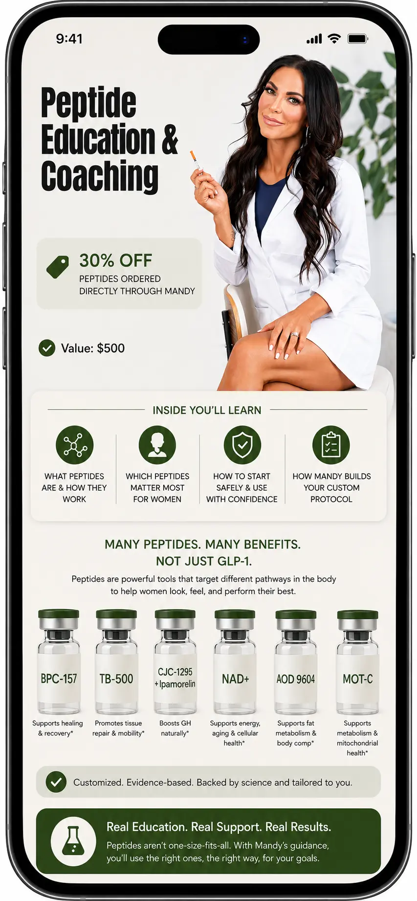 Peptide education shown on a phone