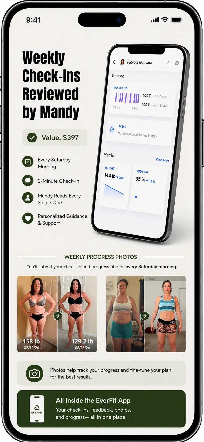 Weekly check-ins reviewed by Mandy on a phone