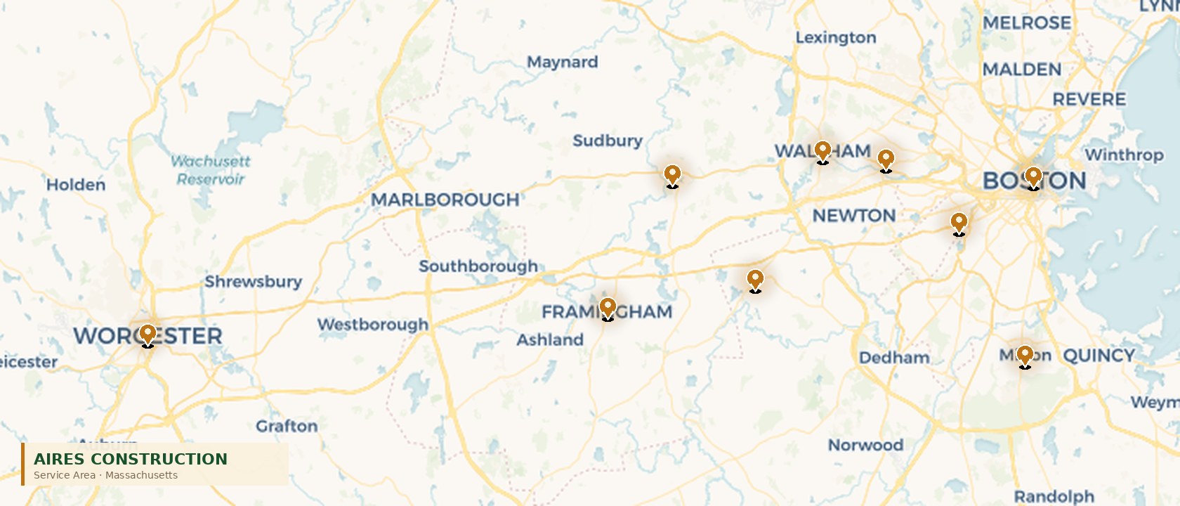 Aires Construction service area map showing coverage across Greater Boston, MetroWest, Central Massachusetts, and Worcester