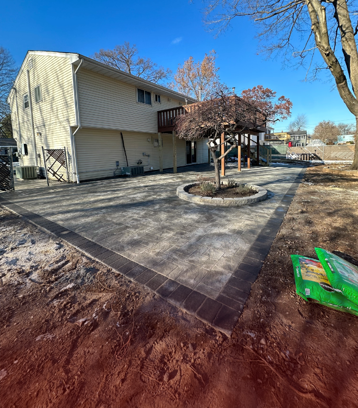 Custom paver patio and walkway installation in a New Jersey backyard