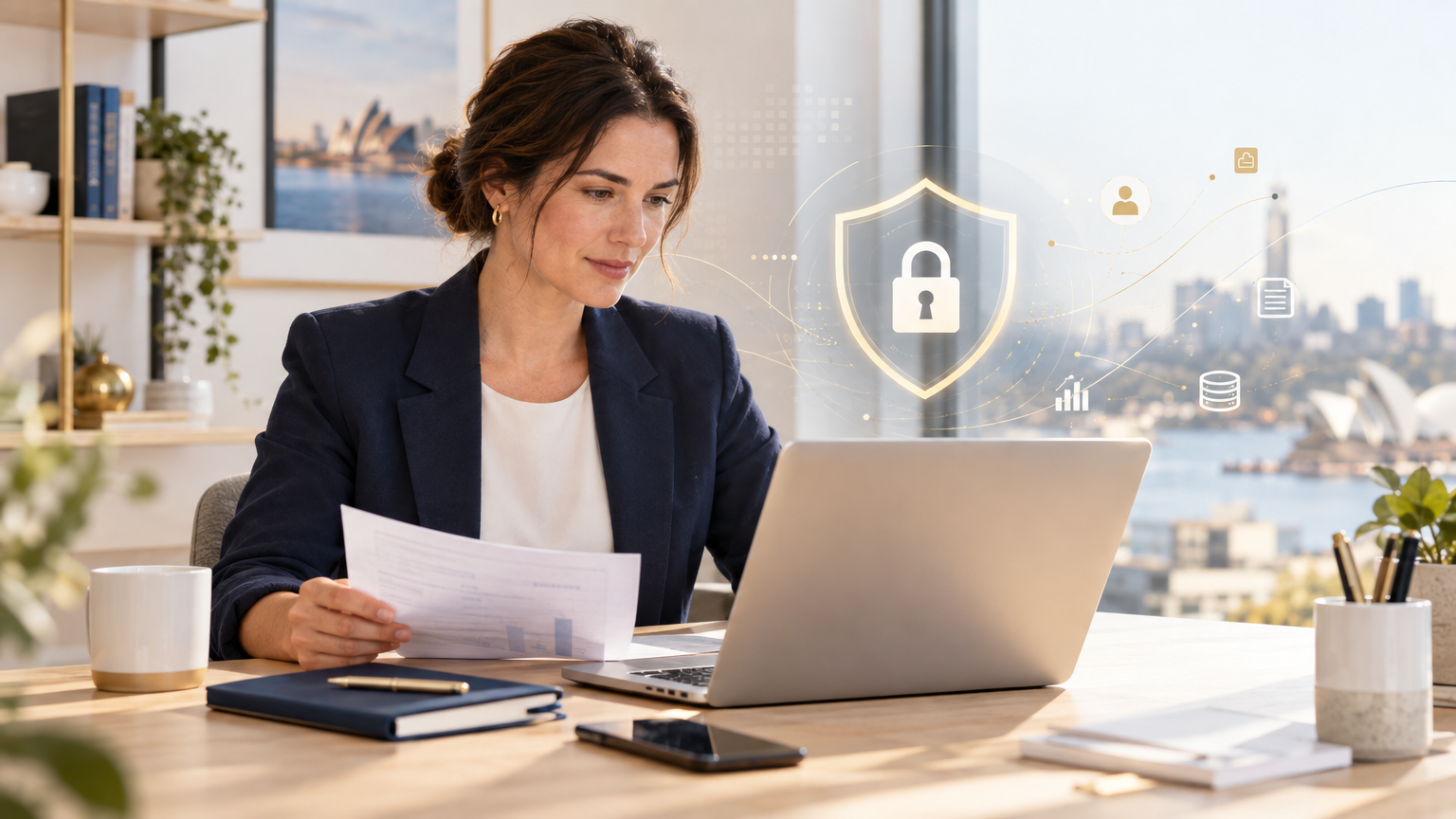 Australian small business owner reviewing privacy compliance documents on a laptop