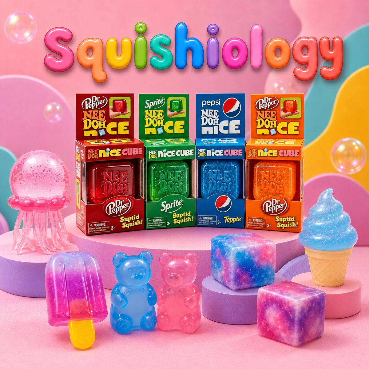 The colorful Squishiology lineup, with cubes, jellyfish, bears, ice pops and cones