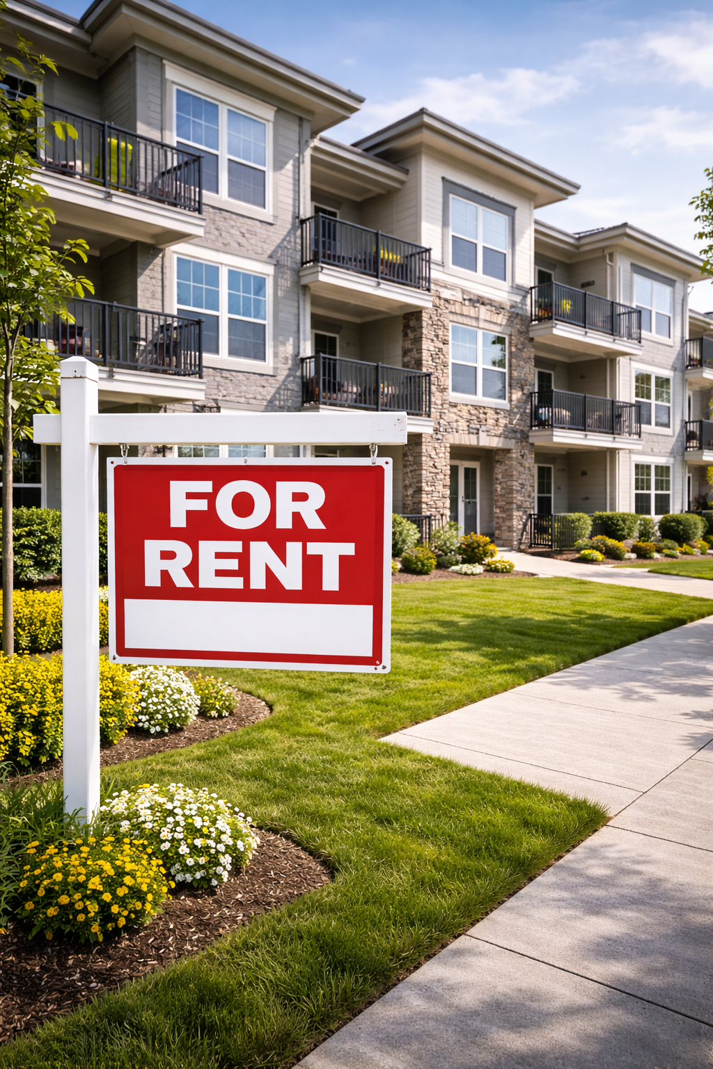 Modern multi-unit rental property with for sale sign