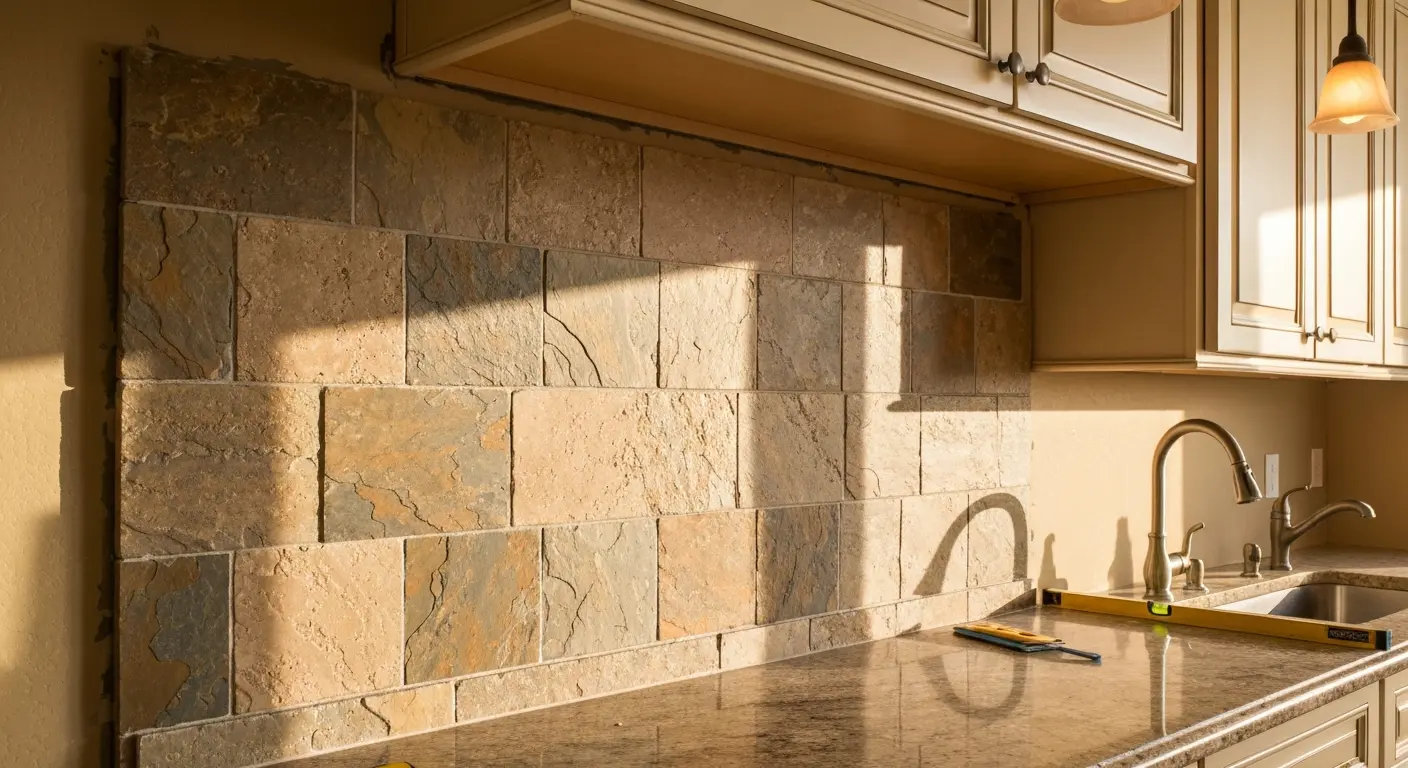 Natural stone backsplash installation