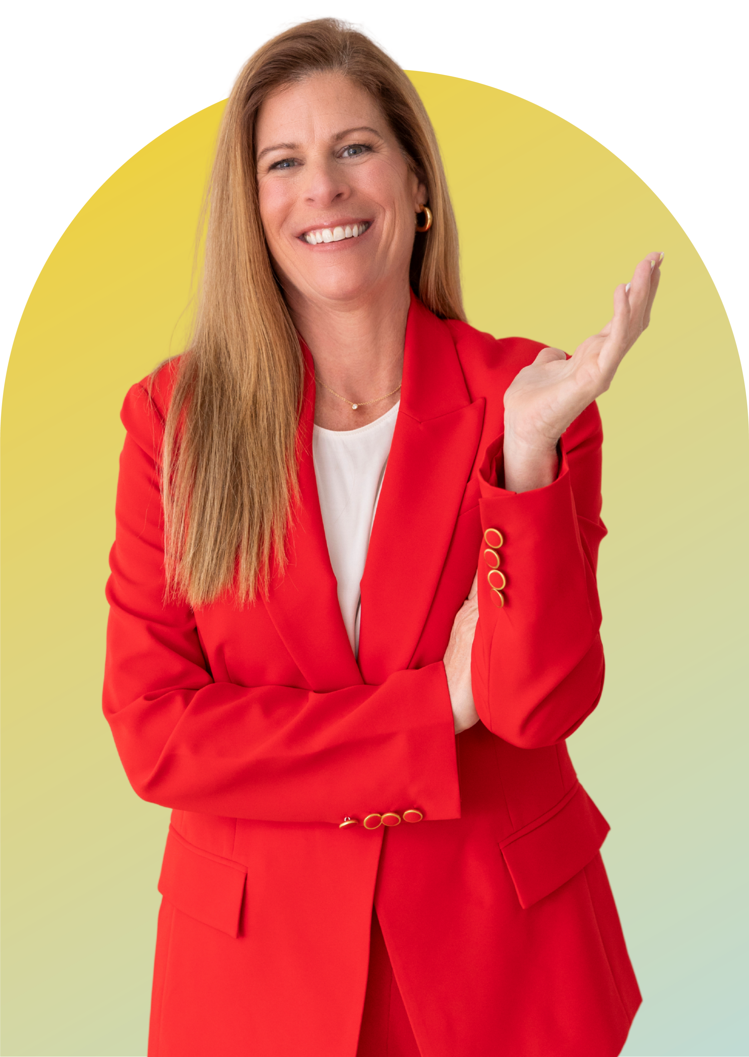 Portrait of Chantell Preston, a confident woman with warm smile, wearing a modern blazer. The background is a soft blend of cream and sage green, highlighting her approachable and empowering presence. Lighting is bright and inviting.