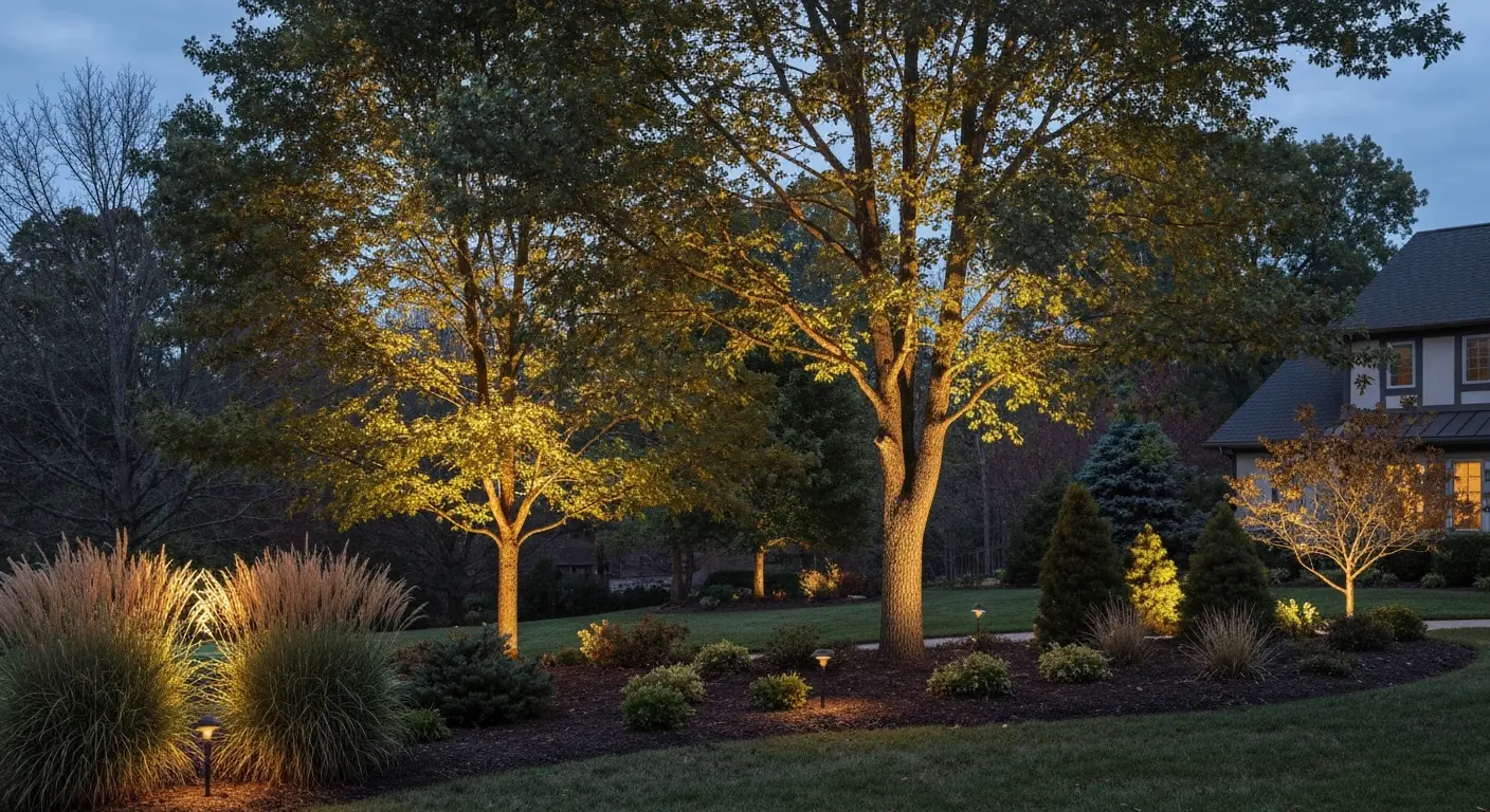 Uplighting on mature landscaping