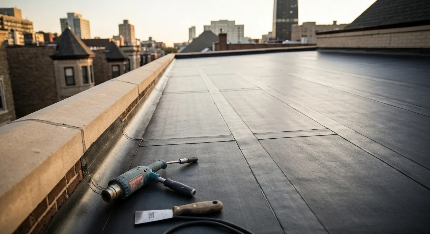 Flat roof repair on Lincoln Park greystone