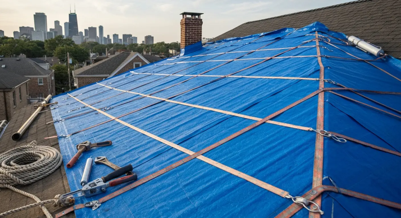 Storm damage tarp installation Lincoln Park