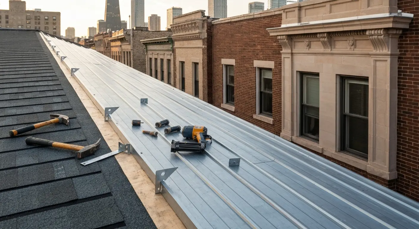 Roof installation on historic Lakeview building