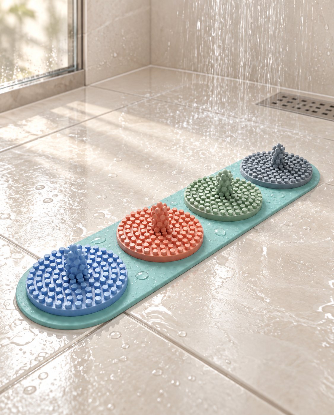 A connected row of Stub Scrub units inside a shower