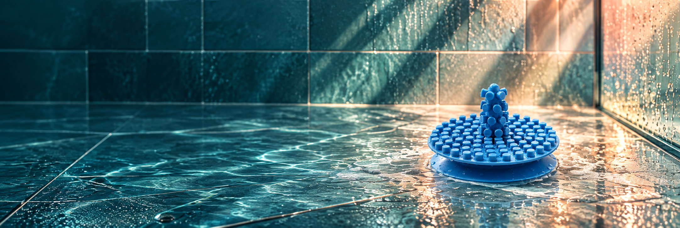 Blue Stub Scrub with its centered textured post on a teal shower floor