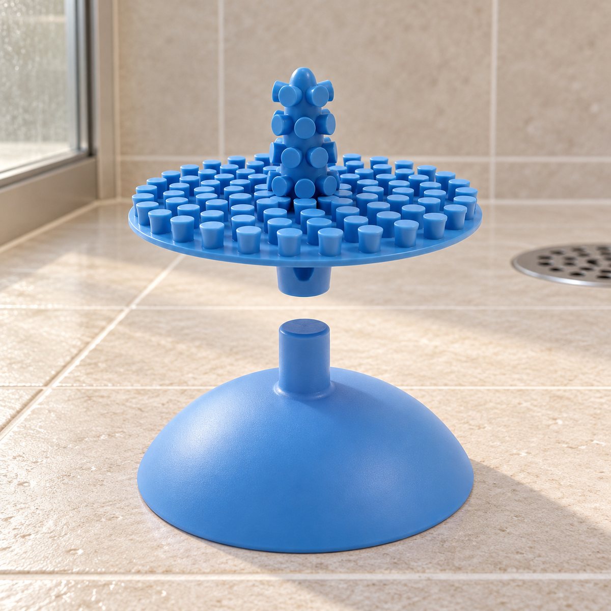 Exploded concept showing the textured upper disc separated from its suction base