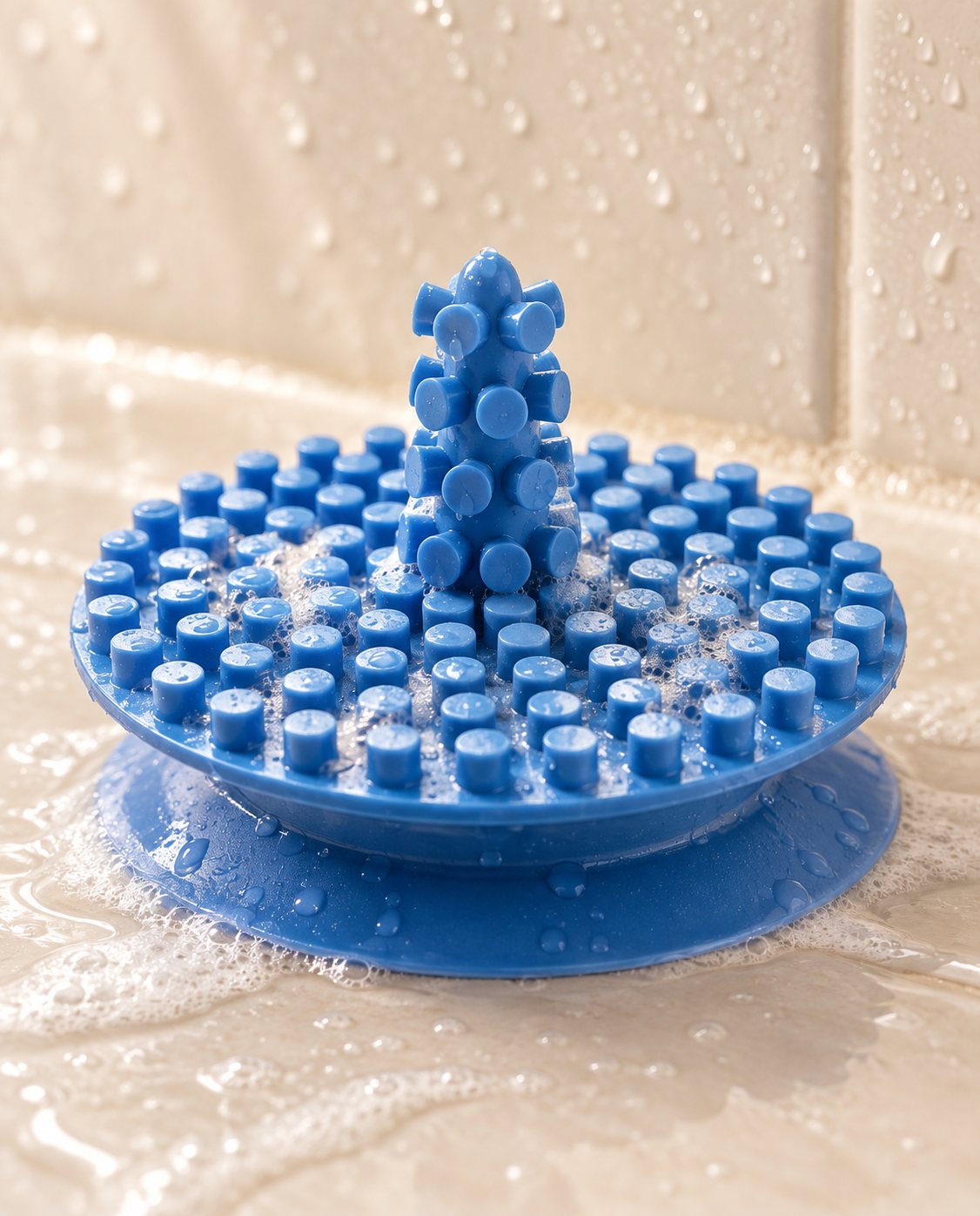 Close-up of the blue scrubber's rounded surface bumps