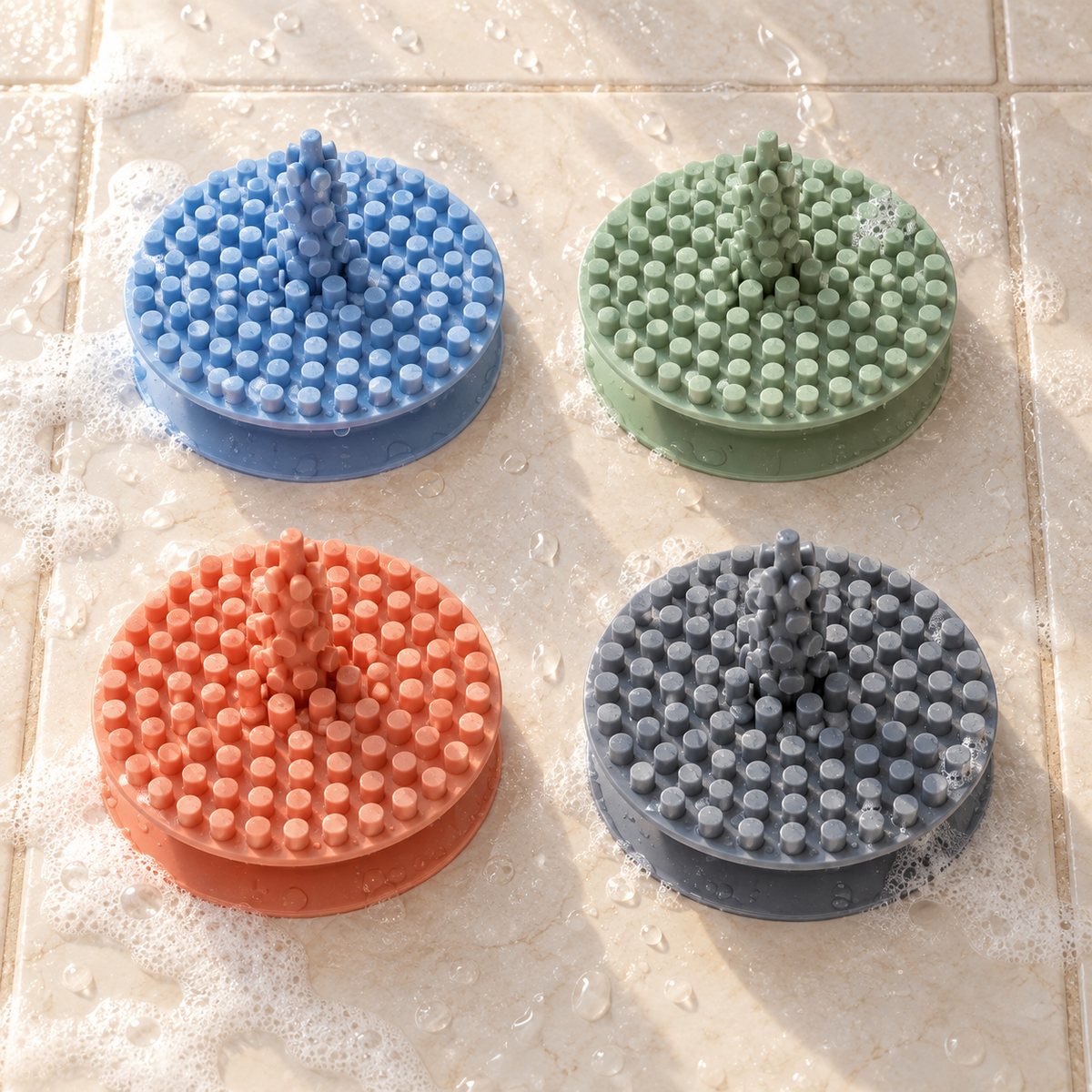 Four complete scrubber concepts in blue, sage, coral and slate