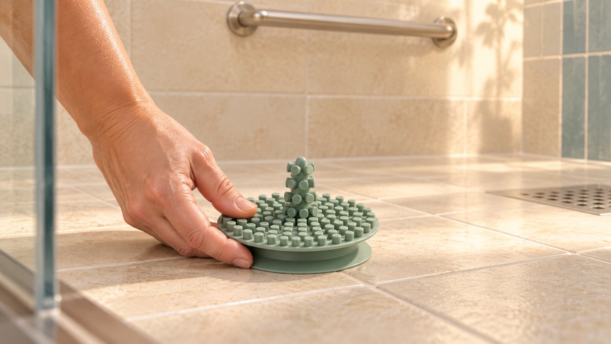 A sage scrubber being positioned on the shower floor