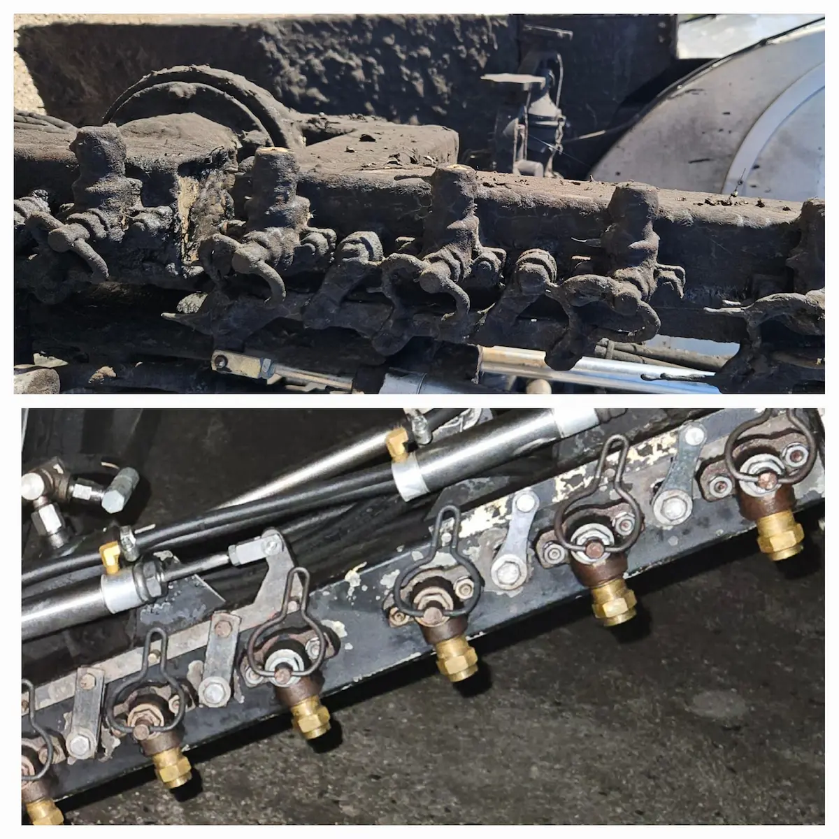 Before and after dry ice blasting on diesel engine fuel injector rail assembly in Dallas