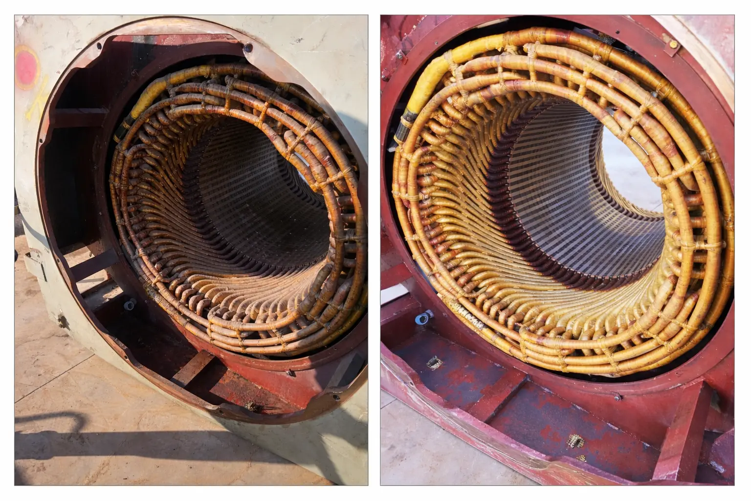 Industrial motor stator dry ice blasting before and after showing copper winding restoration