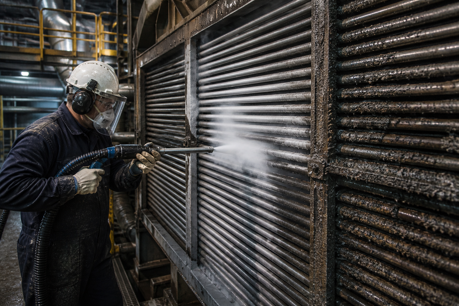 HRSG heat recovery steam generator tube bundles showing economizer and evaporator sections being cleaned with dry ice blasting